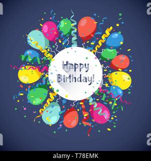 Happy Birthday Karte mit bunten Kugeln, Serpentin und Konfetti. Vector Illustration. Stock Vektor