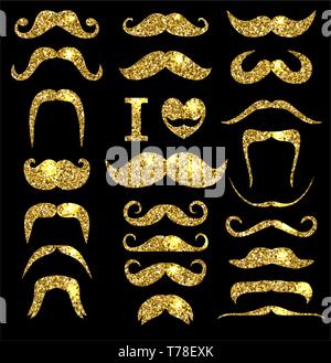 Schnurrbärte gold glitzer gesetzt. Designelemente. Stock Vektor