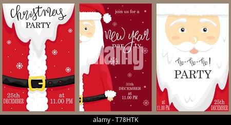 Santa im roten Anzug. Eingestellt von Weihnachten und Neujahr party Poster. Perfekt für Geschenkanhänger, Poster, Banner. Stock Vektor