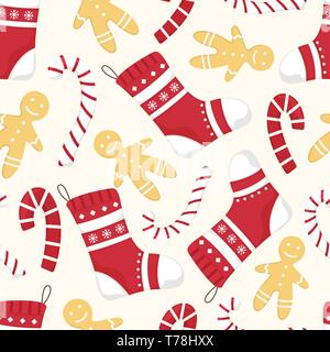 Vektor Weihnachtszeit nahtlose Muster mit Bonbons, Lebkuchen und Strümpfe. Perfekt für Postkarten, Geschenkpapier, Stoffe Stock Vektor