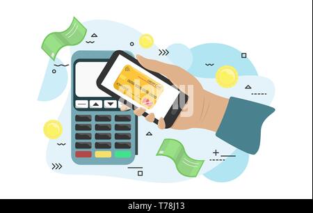 Flache Darstellung der Payment Terminal. Vektor pos-terminal bestätigt die Zahlung per Smartphone. Hand mit Smartphone in der Nähe von POS-Terminal. Flache Vektor Stock Vektor