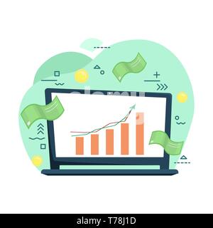 Laptop mit dem Zeitplan von Exchange Handel. Remote arbeiten. Der Handel an der Börse. Investitionen Geld, Aktien, Währung, Gutscheine. Flache cartoon Sty Stock Vektor