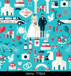 Hochzeit Symbole gesetzt. Flache Icons für Ihre Hochzeit Design. Nahtlose Muster. Stock Vektor