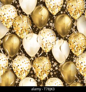 Nahtlose Muster mit Stars und glänzendes Gold realistische 3D-Helium Luftballons für Ihre Konstruktion. Glänzend Ballone mit Glitzer und Farbband, perfekte Hintergrund f Stock Vektor