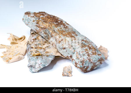 Verdorbenes Fleisch in Karton. Schimmelige Verpackung und Fleisch. Vorderansicht. Stockfoto