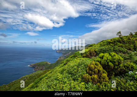 Wunderschöne grüne Küste oberhalb der kleinen Ortschaft Ponta Delgada auf der Insel Flores der Azoren. Stockfoto