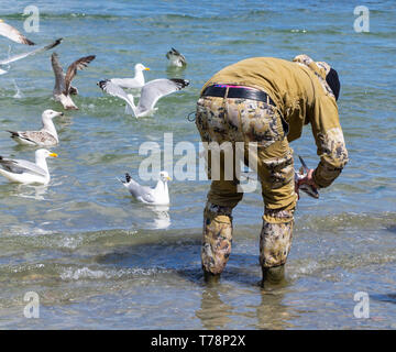 Männliche Meer angler seinen Fang von Fisch Reinigung im Meer Stockfoto