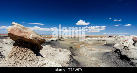 Panorama rock Wüste Landschaft im Norden von New Mexico im/Bisti De-Na-Zin Wilderness Area mit Verwaschen hoodoo Felsformationen unter einem blauen Himmel Stockfoto