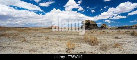 Panorama rock Wüste Landschaft im Norden von New Mexico im/Bisti De-Na-Zin Wilderness Area mit Verwaschen hoodoo Felsformationen unter einem blauen Himmel Stockfoto