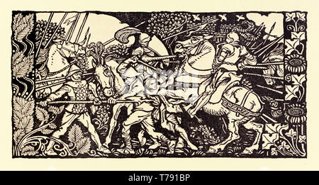 Ritter in der Schlacht, Illustration von Arthur Rackham (1867-1939), in der die Ritter zu Pferd mit fischerstechen in der Schlacht. Siehe Beschreibung unten für weitere Informationen. Stockfoto