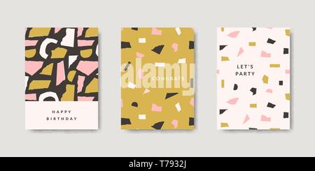 Moderne und spielerische Grußkarte Vorlagen mit Papier ausgeschnittenen Formen in Grün, Rosa, Braun und Creme. Moderne Collage Broschüren, Flyer, newslett Stock Vektor