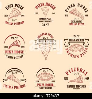 Satz von Pizzeria, Pizzeria Embleme. Design Element für Poster, Logo, Beschriftung, sign. Vector Illustration Stock Vektor