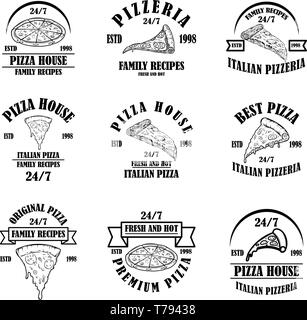 Satz von Pizza Haus Embleme. Pizzeria Etiketten. Design Element für Logo, Zeichen, Poster, Plakat, Karte. Vector Illustration Stock Vektor