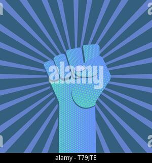 Vektor blau Duplex symbolische angehoben ballte die Faust männliche Hand protest Konzept Zeichen vintage Abbildung Retro Poster Design auf gepunktete Bac isoliert Stock Vektor