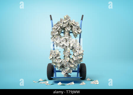 3D-Rendering von grossen Dollarzeichen aus Banknoten auf einen Hubwagen auf blauem Hintergrund Stockfoto