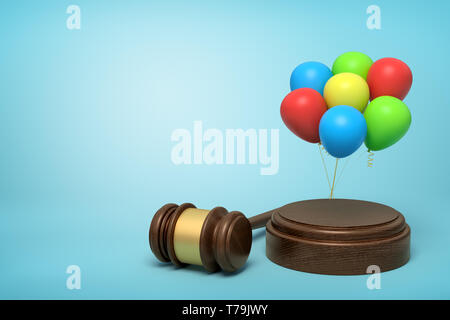 3D-Rendering von bunten Luftballons auf runden Holzblock und Hammer braun Holz auf blauem Hintergrund Stockfoto