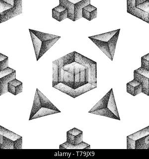 Vector verschiedene Monochrom blackwork Gravur vintage geometrische Platonischen solide Illustrationen ornament Dekoration nahtlose Muster weißer Hintergrund Stock Vektor