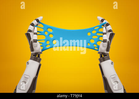 3D-Rendering von zwei schwarze und weiße Roboter Hand blau klebrigen Schleim Banner auf gelben Hintergrund. Stockfoto