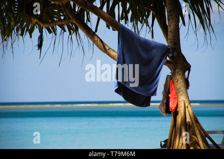 Isolierte blau Handtuch hängen in Palm Tree mit unscharfer Horizont des Blauen endlosen Ozean auf Phuket, Nayang Strand, Thailand Stockfoto