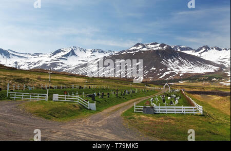 Island Sommer Landschaft. Fjord, Haus, in den Bergen Stockfoto