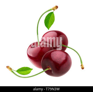 Cherry isoliert auf weißem Hintergrund mit Freistellungspfad, drei Kirschen mit Stängel und Blätter Stockfoto