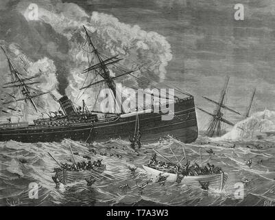 Naufragio de los vapores León (Español) y el Harelda (en Inglés) Aguas del Mar Cantábrico, ein Las Dos de La Madrugada del 7 de Enero de 1881, tras La colisión entre Los Dos barcos. Tragedia marítima con un total de 23 desaparecidos. Dibujo de Monleón, Grabado por Tomás Carlos Capuz (1834-1899). La Ilustración Española y Americana, 22 de Enero de 1881. Stockfoto