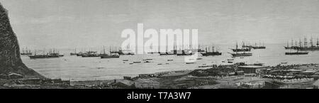 Guerra del Pacífico o Guerra Del Salitre. Conflicto armado Entre 1879-1883 que enfrentó Chile contra Los aliados Bolivien y Perú. Panorámica de la Bahía y Puerto de Arica, Al embarcarse La Tercera expedición Chilena, el 15 de November de 1880. Grabado. La Ilustración Española y Americana, 28 de febrero de 1881. Stockfoto