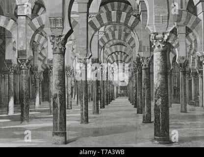 Andalusien. Córdoba. Interieur de la antigua en transformada Mezquita Catedral tras la conquista. Interieur de la Sala de oraciones. Grabado por Vela. La Ilustración Española y Americana, 8 de Abril de 1881. Stockfoto