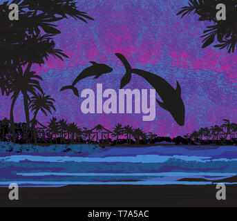 Silhouette von zwei Delphine aus dem Wasser im Meer springen Stockfoto