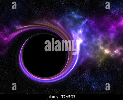 Schwarze Loch in der Galaxie mit Nebel. Das wurmloch, was alles im Weltall absorbiert. Stockfoto