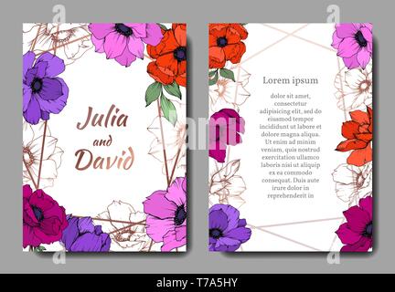 Anemone Blumen botanischen Blumen. Schwarz und weiß eingraviert Tinte Art Hochzeit hintergrund Karte Blumen dekorativ Grenze. Stock Vektor