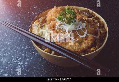 Reis Tasse mit frittiertes Schweinefleisch im japanischen Stil name katsudon in grau Ton Farbe angewendet. Stockfoto