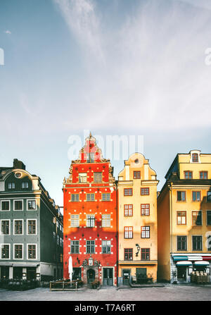 Die Stadt Stockholm Stortorget Architektur in Schweden reisen europäische Wahrzeichen bunte Häuser Stockfoto