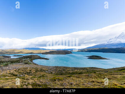 Landschaft mit del Lago Pehoe im Torres del Paine Nationalpark, Patagonien, Chile. Stockfoto