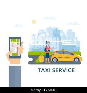Maschine yellow cab und ein junger Mann mit Gepäck auf der Suche nach Taxi in der Stadt. Öffentliches Taxi Service Konzept, Transfer vom Flughafen für Web Banner, Ort, Land Stock Vektor