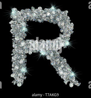 Buchstabe R von Diamanten. 3D-Rendering auf schwarzem Hintergrund Stockfoto
