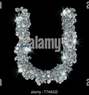Buchstabe U von Diamanten. 3D-Rendering auf schwarzem Hintergrund Stockfoto