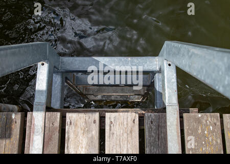 Eine metallleiter an einer hölzernen Pier. Abstieg in das Wasser am See. Frühling. Stockfoto