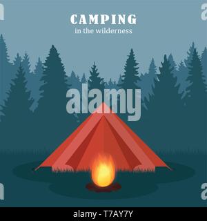 Camping in der Wildnis rote Zelt im Wald mit Lagerfeuer Vektor-illustration EPS 10. Stock Vektor