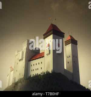 Hohe mittelalterliche Burg steht auf der Spitze des Felsens. Twilight Beleuchtung Atmosphäre. 3D-Render Abbildung. Stockfoto