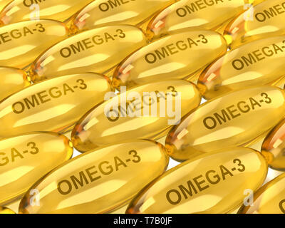 3D-Render von Omega 3 Kapseln auf weißem Hintergrund Stockfoto