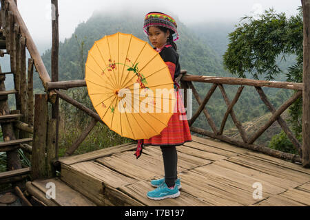 Cat Cat, Vietnam - 11 Januar 2019: Junge Mädchen Tourist in traditionellen vietnamesischen Kleider gegen schöne Reisterrassen auf dem Hintergrund posiert Stockfoto