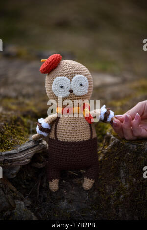 SYKTYVKAR, Russland - 05.Mai 2019: anschauliches Bild. Eule Spielzeug gestrickt in der Technik des Strickens oder Stockfoto