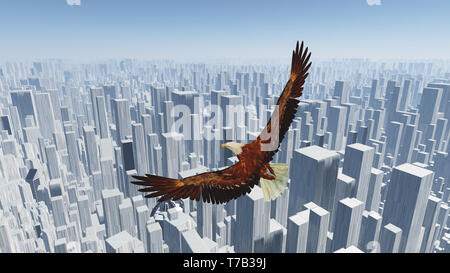 Vogel der Freiheit. Adler fliegt über futuristische Megalopolis. 3D-Rendering Stockfoto