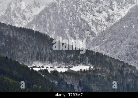 Ein kleines Dorf auf der Weide auf dem Berge, weiss von Schnee im Mai. Der Kontrast wird durch den Kontrast zwischen den weißen Der s markiert Stockfoto