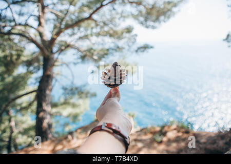 Ein Mädchen hält in ihrer Hand ein tannenzapfen auf dem Hintergrund einer natürlichen Landschaft mit Derwische und das Meer. Umweltfreundliches Konzept. Stockfoto