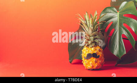 Reife Ananas mit einem schwarzen Schnurrbart auf rotem Hintergrund, mit großen, grünen Blätter der Pflanze. Lustiges Gesicht aus der Nahrung. Stockfoto