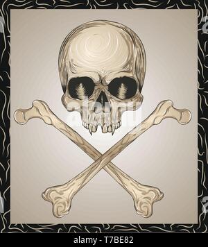 Böse Totenkopf mit gekreuzten Knochen. Vector Illustration Stockfoto