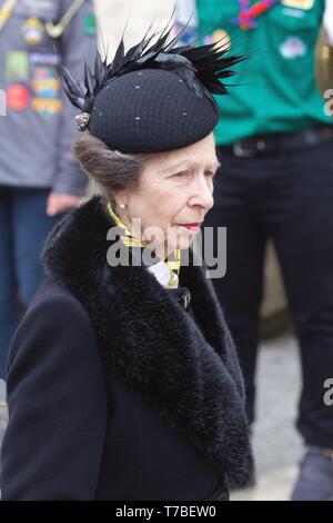 Die Stadt Luxemburg, Luxemburg. 5. Mai 2019. Beerdigung von Großherzog Jean von Luxemburg auf saturdaynoon 4. Mai 2019 die königliche Gäste betreten der Kathedrale, hier Prinzessin Anne von England. Obligatorische Photo Credit: ÒLUXPRESS/Jean-Claude Ernst" LUXPRESS PressAgency 2, rue De Malines, L-2123 LUXEMBURG Mobil: +352 661 432343.se des Originalfotos und seine Beschäftigungsprojekt Stockfoto