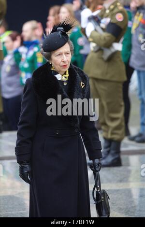 Die Stadt Luxemburg, Luxemburg. 5. Mai 2019. Beerdigung von Großherzog Jean von Luxemburg auf saturdaynoon 4. Mai 2019 die königliche Gäste betreten der Kathedrale, hier Prinzessin Anne von England. Obligatorische Photo Credit: ÒLUXPRESS/Jean-Claude Ernst" LUXPRESS PressAgency 2, rue De Malines, L-2123 LUXEMBURG Mobil: +352 661 432343.se Der ursprünglichen Foto sowie die orig Stockfoto